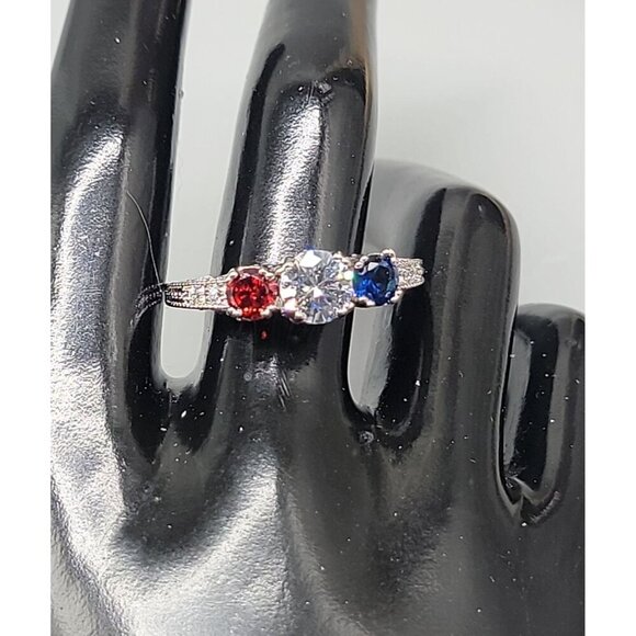 10k Patriotic Gemstone Ring Ladies SZ 12 White Gold Garnet Cubic Zirconia Iolite - Picture 4 of 16